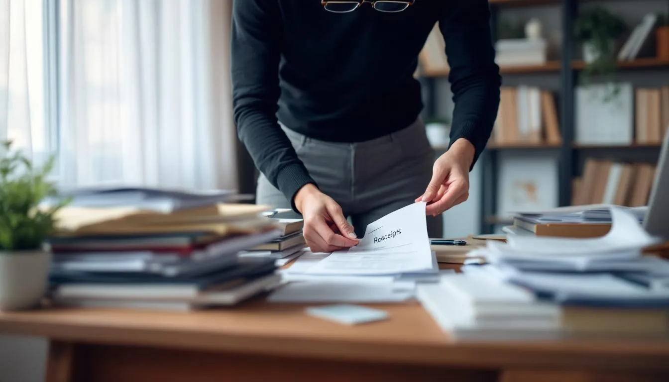 Das Bild zeigt eine Person, die konzentriert Dokumente und Belege auf einem Schreibtisch sortiert, um ihre Steuererklärung vorzubereiten. In der Nähe liegen weitere Unterlagen, die für die Abwicklung der Lohnsteuerhilfe und die Erstellung der Einkommensteuererklärung benötigt werden.